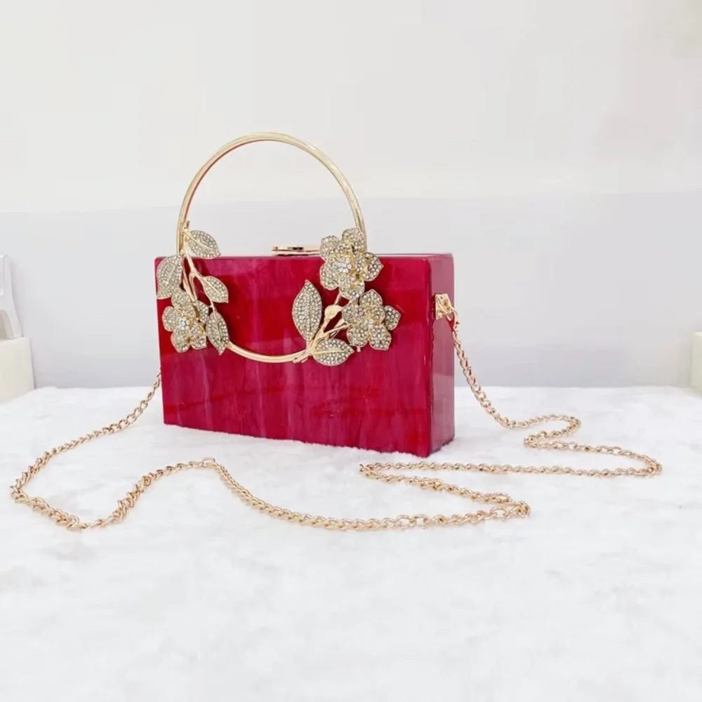 #B008 Red Acrylic Bold Elegance Marble Rhinestones Gold Floral Handle Clutch